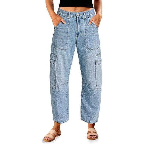 Stylish Women's High Waisted Barrel Jeans with 6 Pockets - Light Blue Size 6